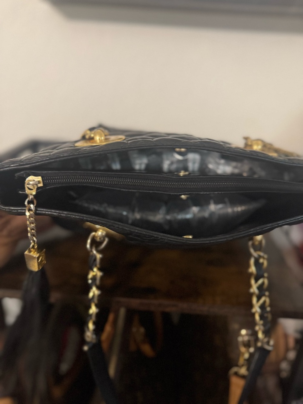 Metro City Black Quilted Leather Tote with Gold Chain straps. - Picture 5 of 10